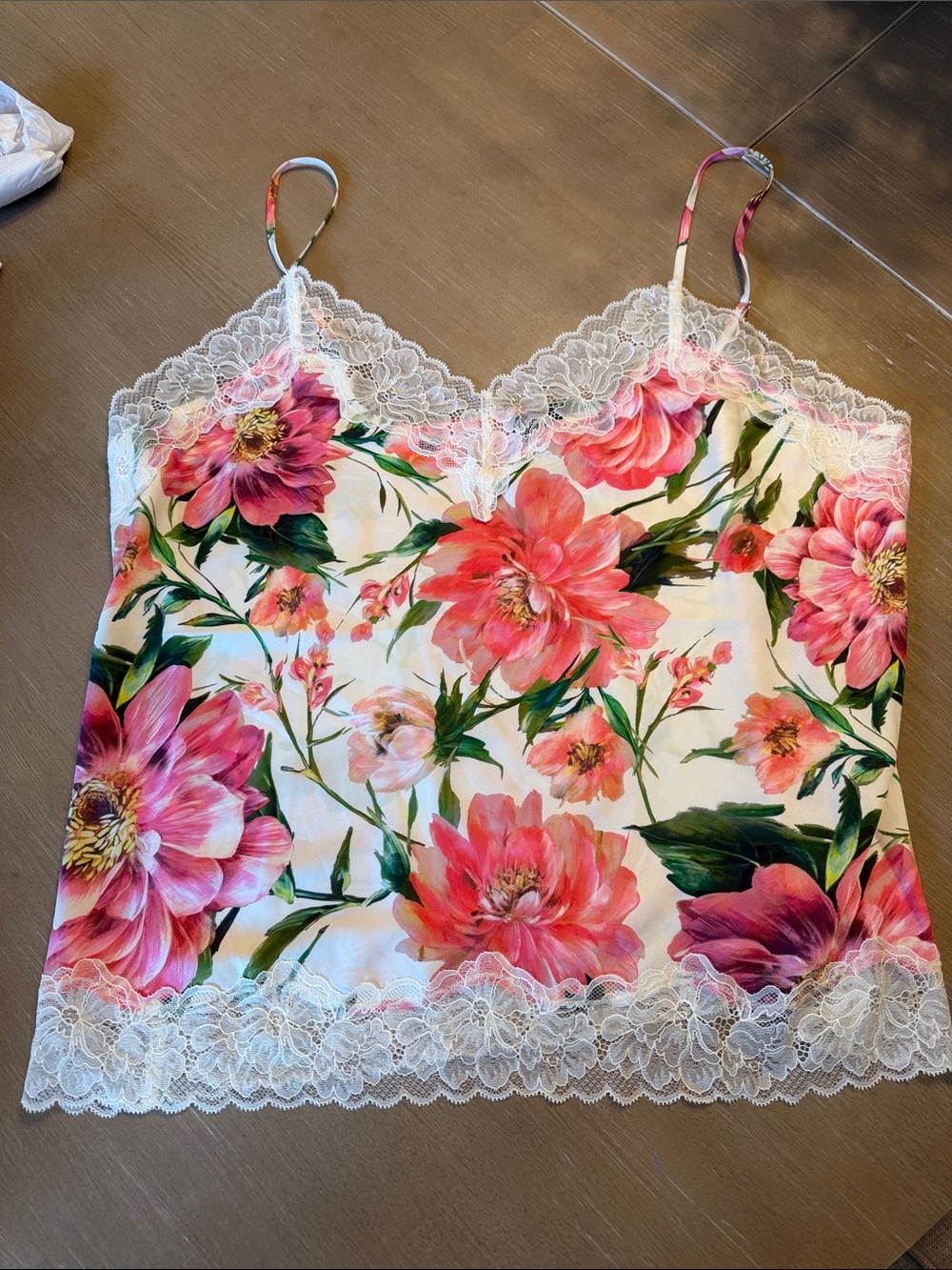Express Floral Lace Trim Silk Camisole Top - Pink/White